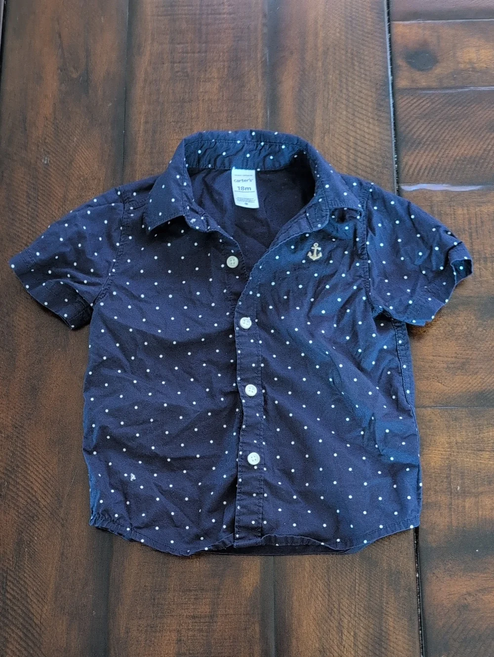 Carter's Navy Blue Short Sleeve Button-Down Shirt with White Polka Dots